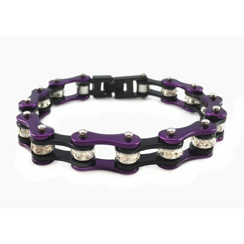 Motorcycle Biker Chain Bracelet Ladies Bling Bracelet Purple & Black Color Link 316 Stainless Steel Bicycle Biker Jewelry