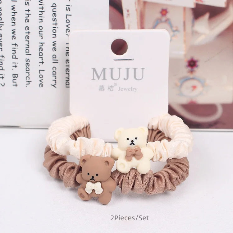 Korean Fashion 2-Piece Scrunchie Set for Kids Bear Head Hair Tie Stylish & Sweet Hair Accessories for Girls Rapid Sample