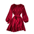 Long Sleeve Solid Chiffon Dress V-neck Lace Waist Slim Draping Feeling Lantern Ruffle A-line Skirt New Fall Retro