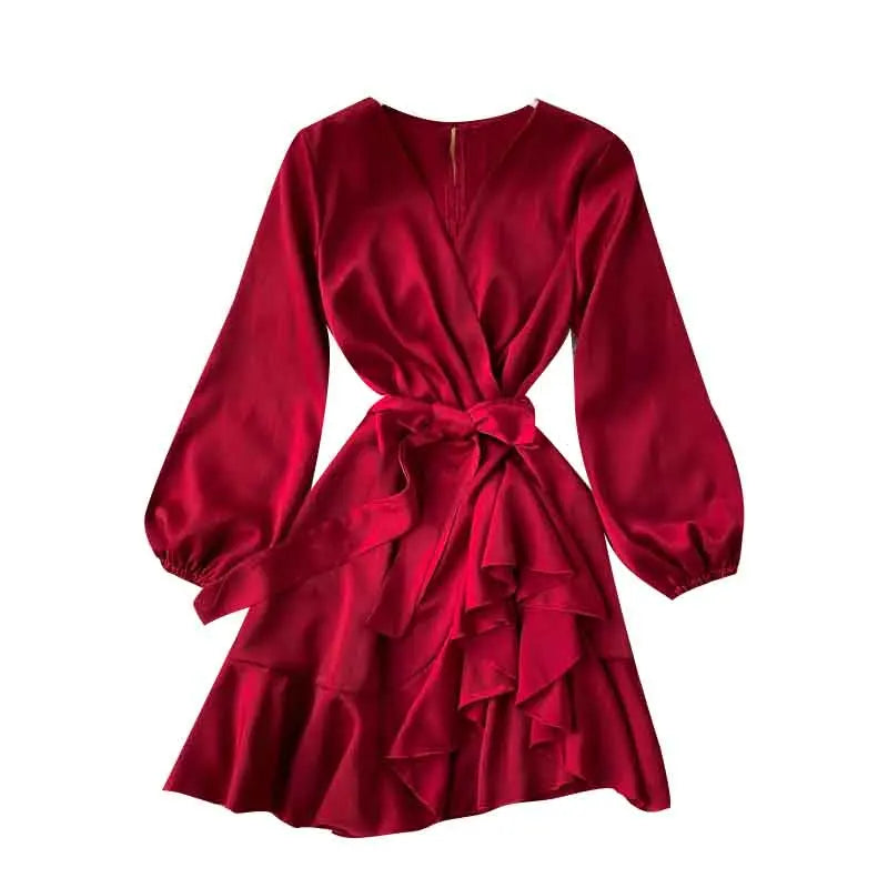 Long Sleeve Solid Chiffon Dress V-neck Lace Waist Slim Draping Feeling Lantern Ruffle A-line Skirt New Fall Retro