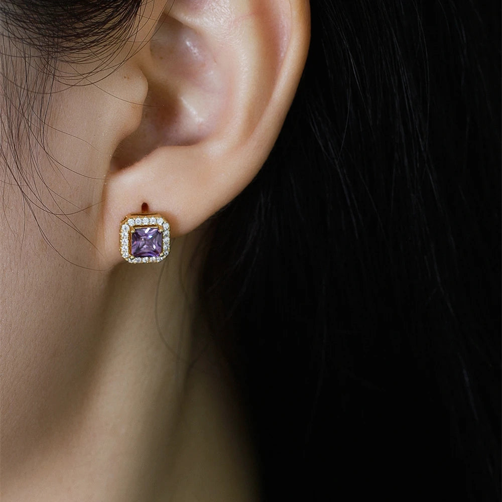 Daidan Earrings Zircon Earrings Women Colorful Gold Plated Stud Purple Red Square Stud Earring