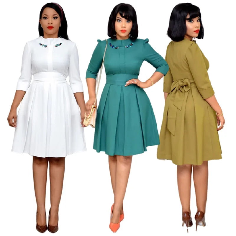 CFA469 Fashion Ladies Office Dresses Women Casual Work Embroidery Pleated Dress Elegant African Dresses for Women Clothing
