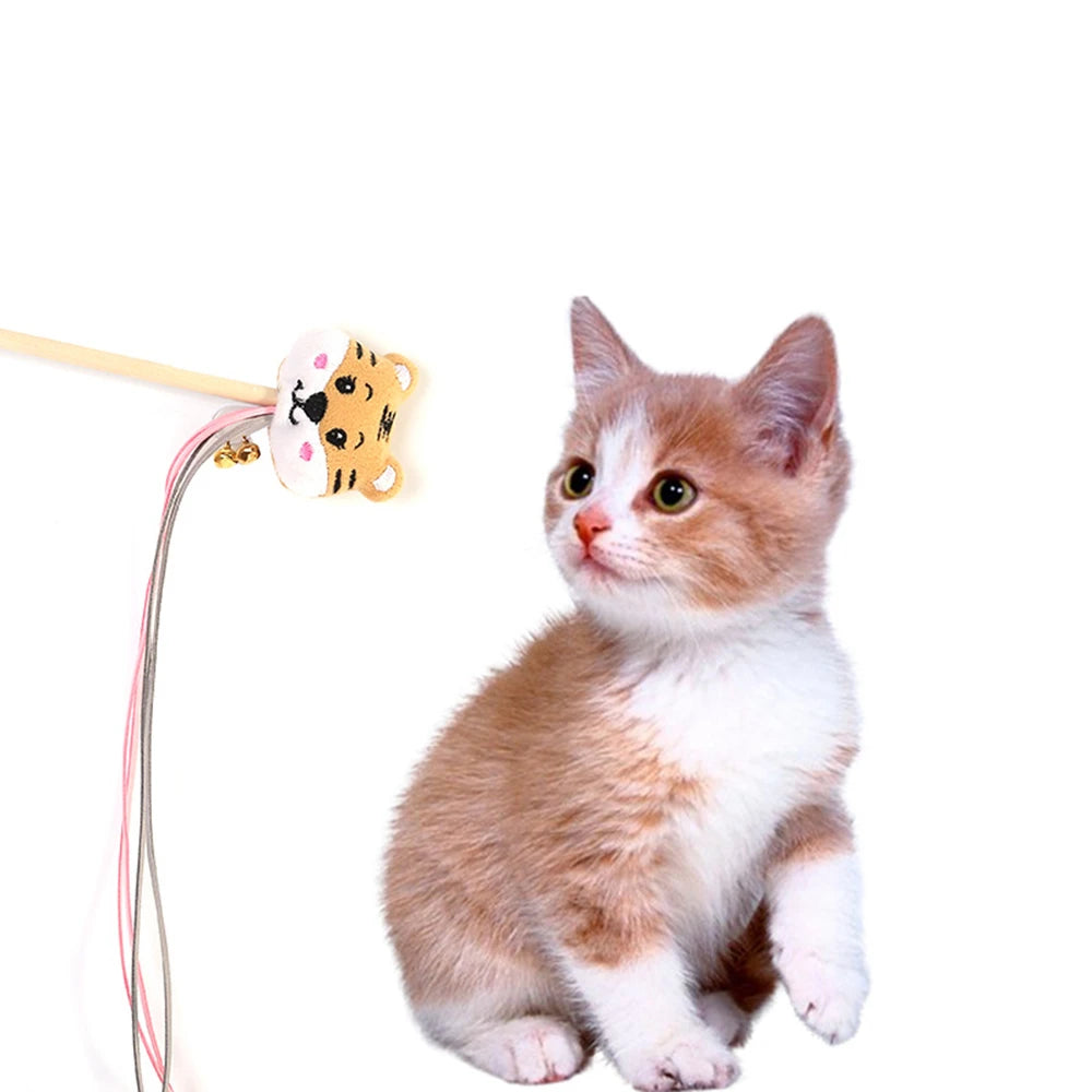 RTS smiley Face Tiger Fox Frog Teaser Cat Toy Long Wooden Pole With Tassel Teaser Cat Stick Interactive Cat Tickling Toy
