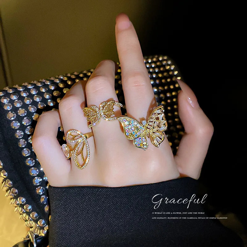 Free Size Adjustable Ring For Wedding Jewelry Women Diamond Ring Crystal Diamond Zircon Butterfly Open Ring