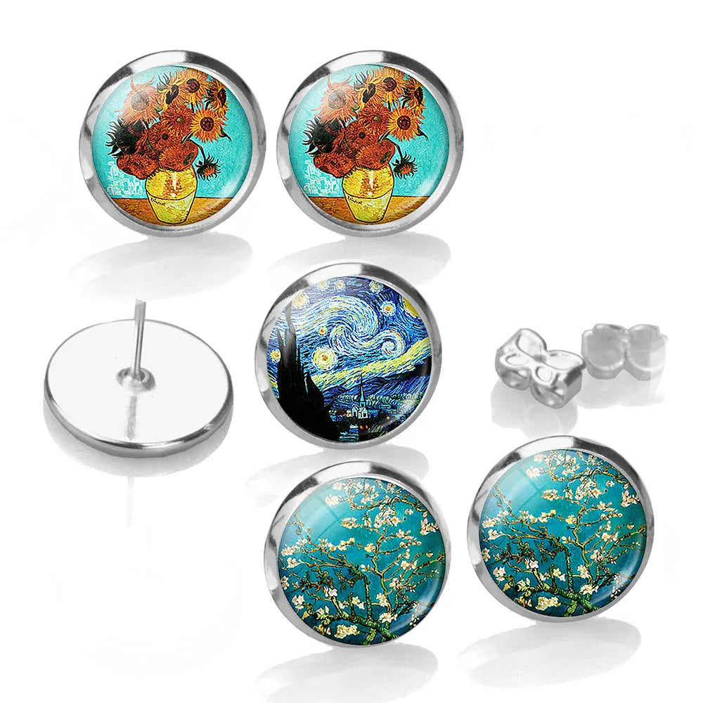 Van Gogh Starry Night and Sunflowers Stud Earrings Glass Dome Ear Jackets with Bezel Setting for Party and Wedding