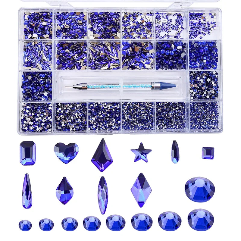 Blue Luxury 20 Grids Glass Crystal Nail Art Rhinestones Multishapes Shiny Diamond Gem Set with Pick Pen Nail Charms in Bulk