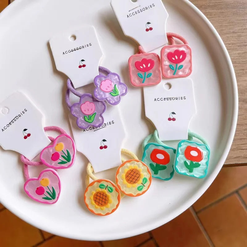 New Korean Cute Child Soft Elastic Fashion Children's Hair Accessories Flower Hair Ties Baby Elastic a Pair of Rope