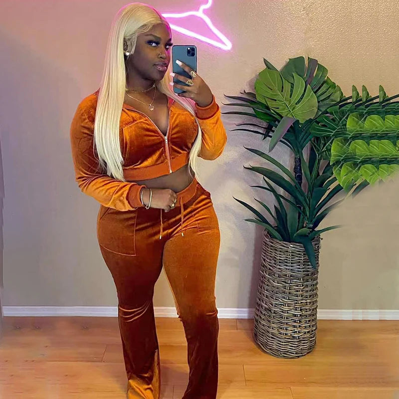 Fall Outfits for Women Streetwear Fashion 2021 Sweatsuit Jacked Flared Wide Leg Crop Top Two Piece Pants Set Velour Tracksuit