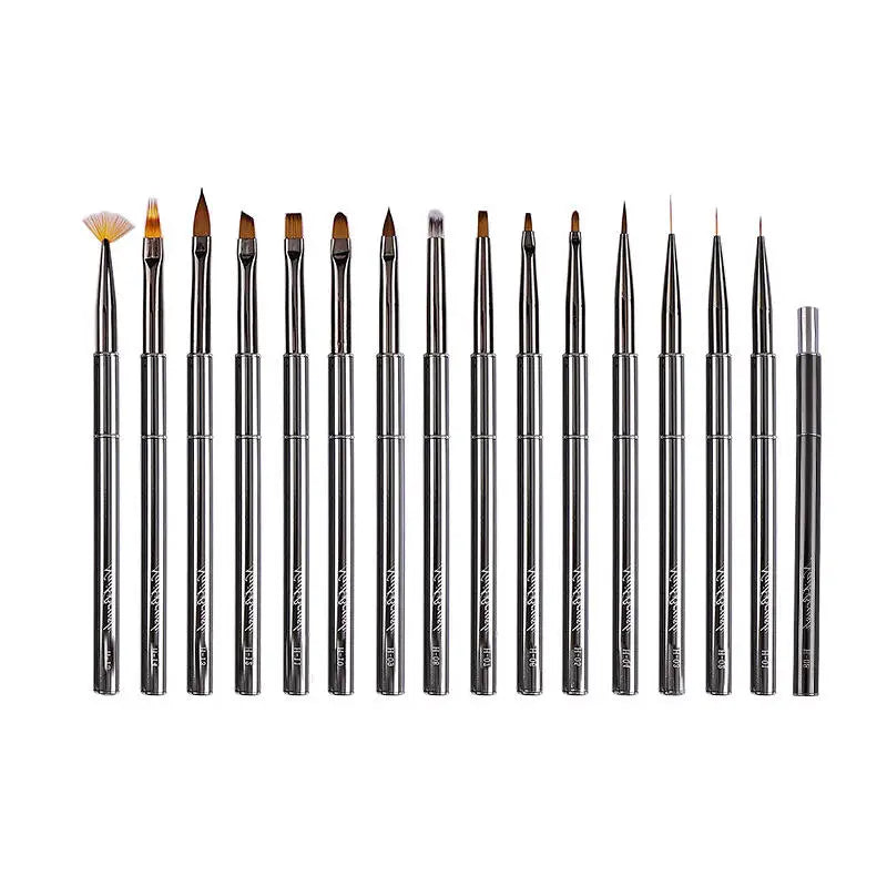 Professional Metal Handle Nail Art Brush Set with Nylon Bristles 15Pcs Custom Color & OEM Options for Salon Use