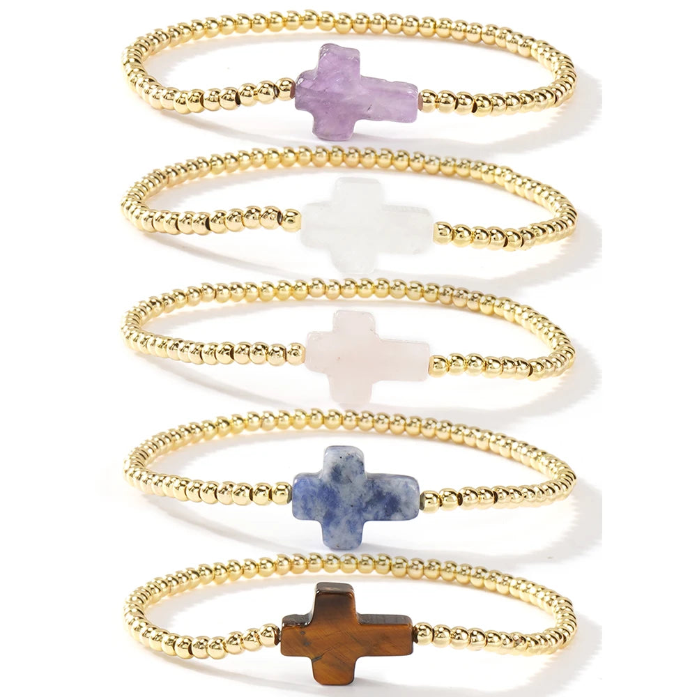 Go2boho Handmade Boho Gemstone Cross Charm Bracelet Fashion 18k Gold Plated Cross Steel Beads Unisex Jewelry for Women and Men