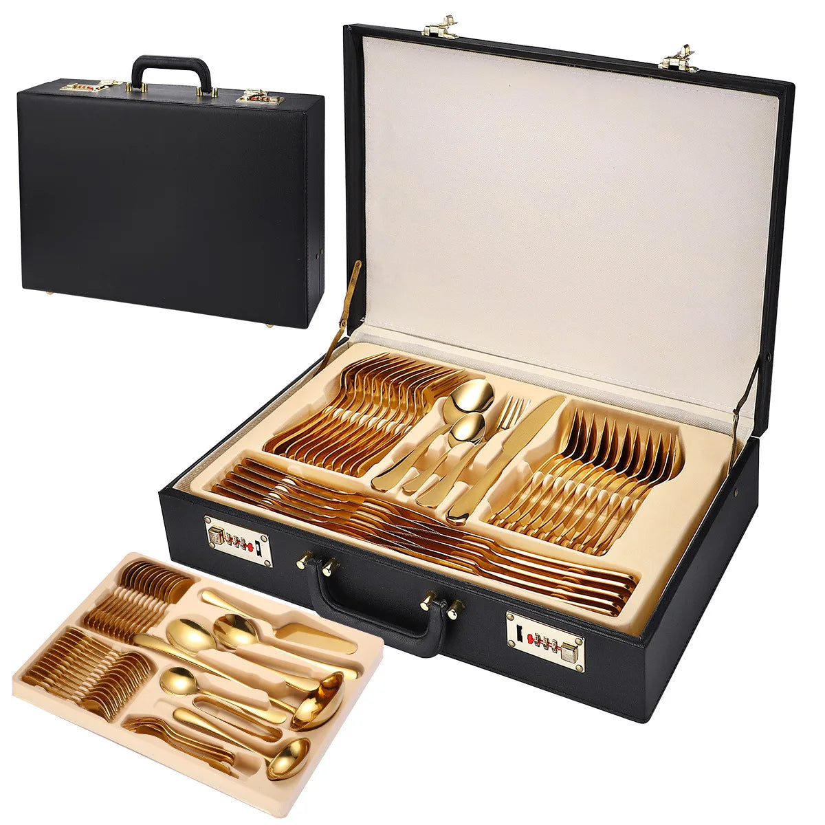 Western Luxury Titanium-plated Black Gold Stainless Steel 72pcs Cutlery Set with Leather case