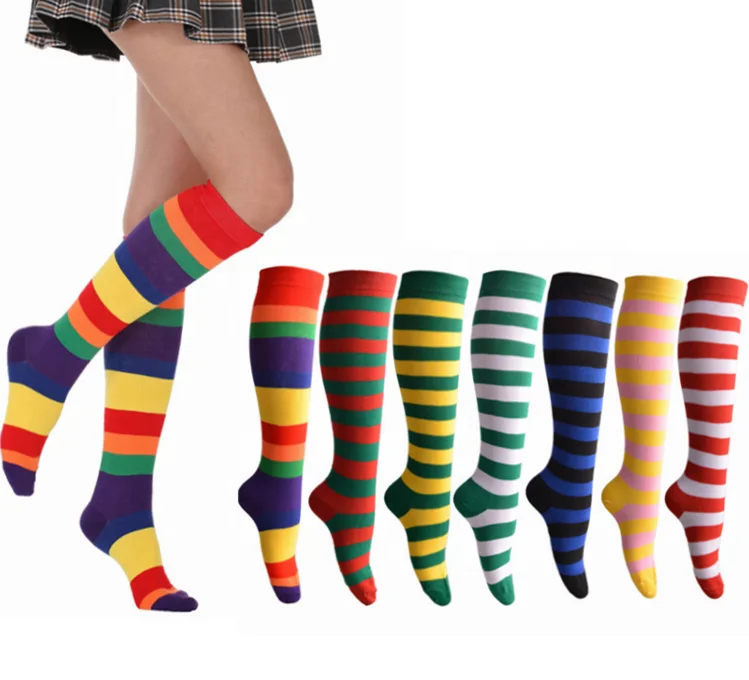 Womens Cotton Knit Colorful Stripe Rainbow Knee High Socks Tube Boot Rainbow Socks