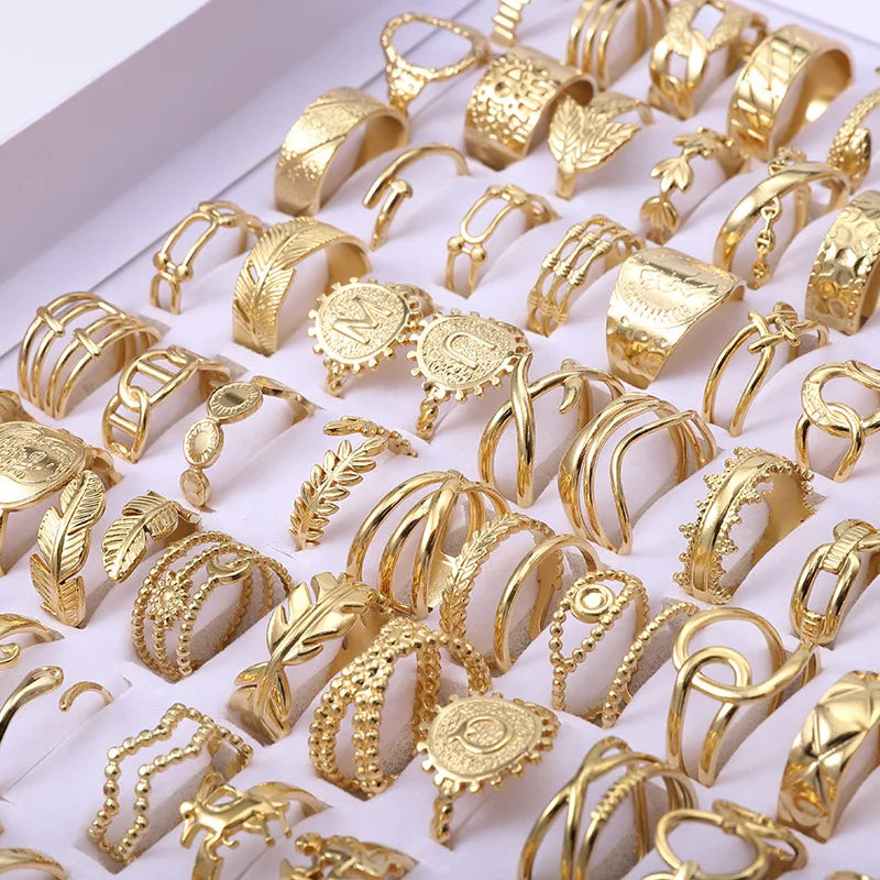 Mixed Gold Plated Geometric Feather Ring Multi Layer Stainless Steel Band Rings Men's Jewelry 2023 Hot Sale