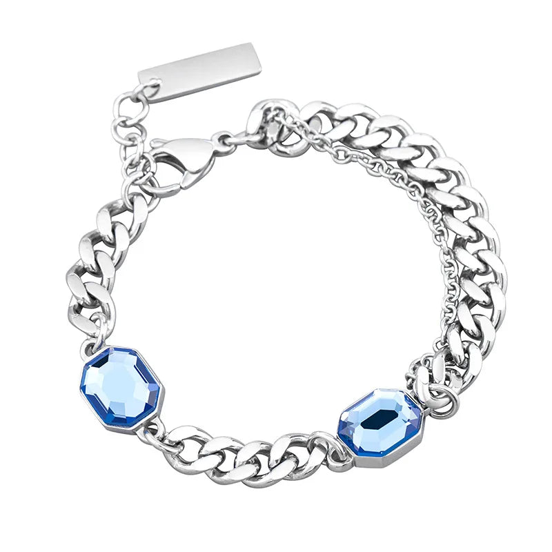 Duyizhao Simple Men's and Women's Titanium Steel Laminated Splicing Chain Blue Black Crystal Cunba Link Chain Bracelet