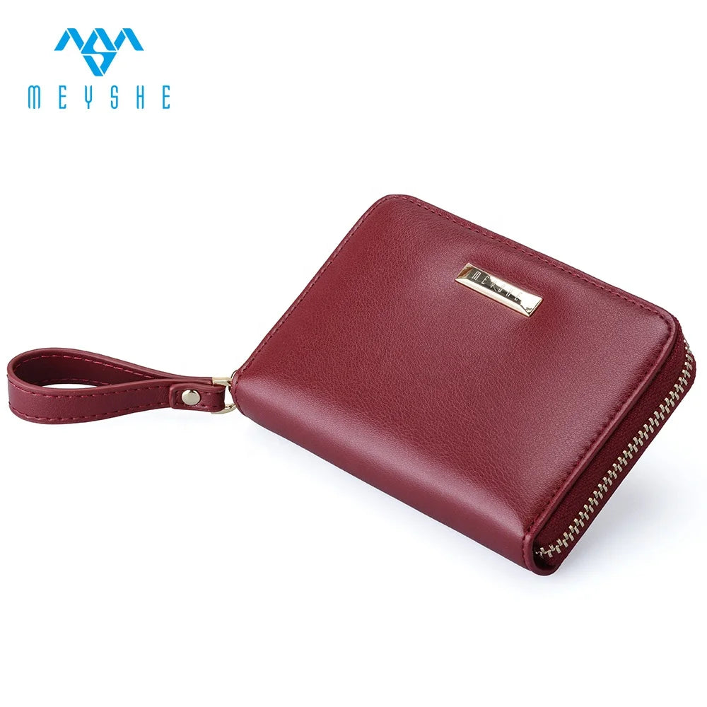 Custom Metal Logo Genuine Leather Large Zip Coin Purse ID Card Holder Wallet with Key Chain Round Pattern and Zippered Closure