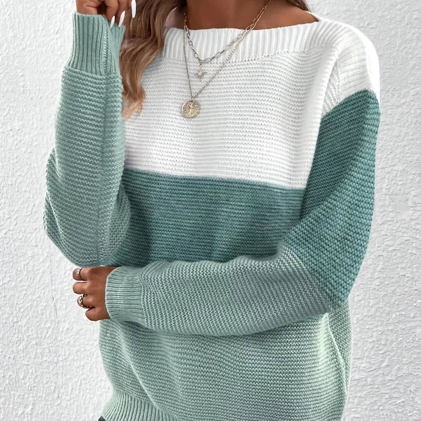 Elegant Pullover Knitted Sweater Fashion Round Neck Splicing Knitwear Loose Top Women's Sweater Clothing