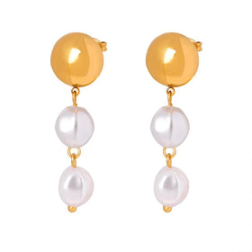 Korean Style Affordable Golden Beads Matching Shell Pearls Tassel Chain Stud Earrings Titanium Steel Plated 18K Gold Earrings