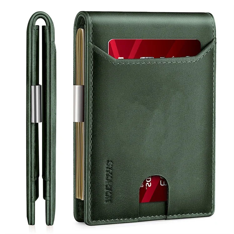 Real Leather Money Clip Front Pocket Card Holder Green Leather Card Holder With ID Window