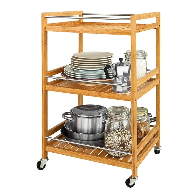Wooden 3-tier Modern Kitchen & Living Room Serving Trolley Cupboard with Casters Wheels