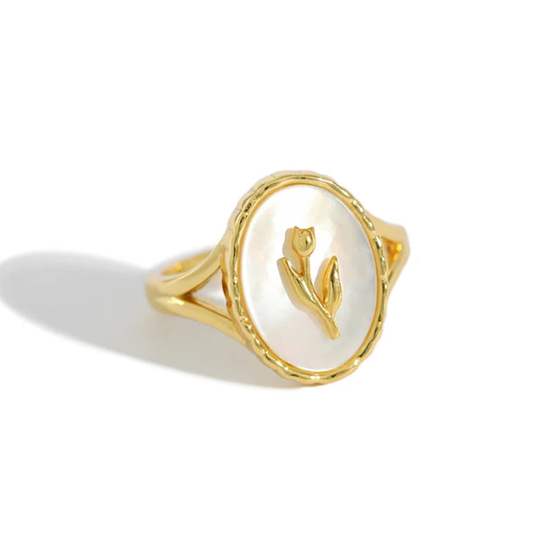 Fashion INS Design Shell Ring Vintage Geometric Sterling Silver Tulip Shell Oval Ring for Girls