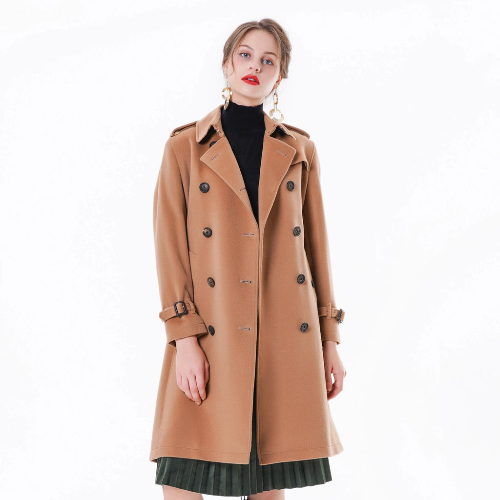 2023 Bosha Women'S Winter Light Camel Trench Coat Long Double Breasted Cashmere Jacket With Solid Style Casual Woolen Fabric