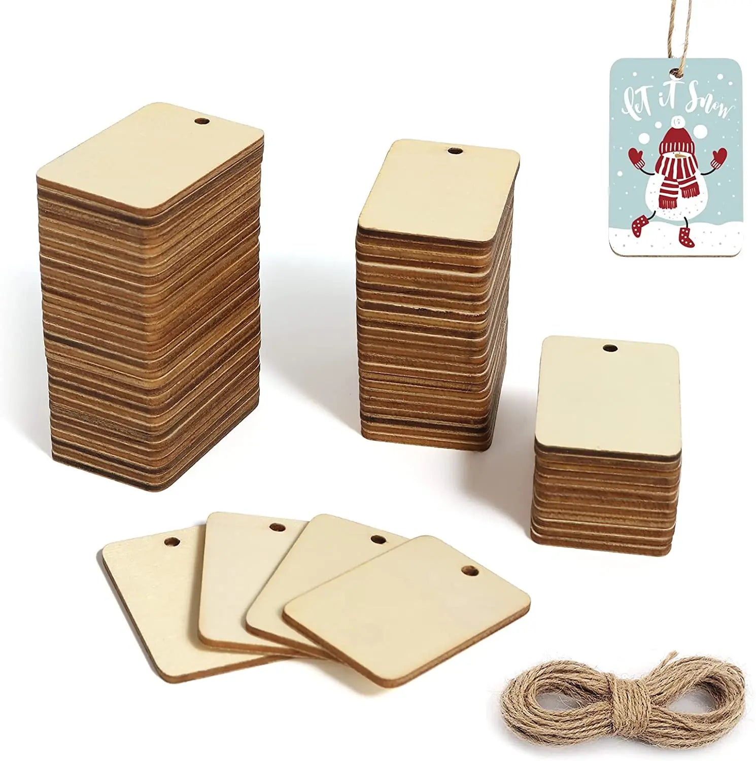 Direct Sale Rectangle Unfinished Wood Slices Natural Wooden Cutout with Holes Craft Wood Tags for DIY Writing Painting Decorate