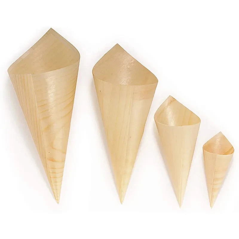 Custom 100% Natural Wood Compostable Biodegradable Wooden Food Cone for Party for Appetizers or Restaurant Use