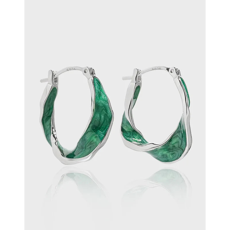 925 Sterling Silver Fashion Women Green Enamel Twist Hoop Earrings Jewelry Gifts