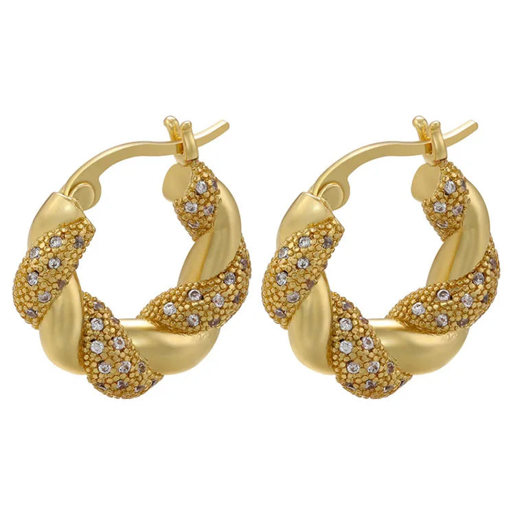 EC1865  Bling Crystal Ear Jewelry 18k Gold Cubic Zirconia Twisted Rope Hoop Huggies Earring CZ Croissant Huggie Hoops Earrings