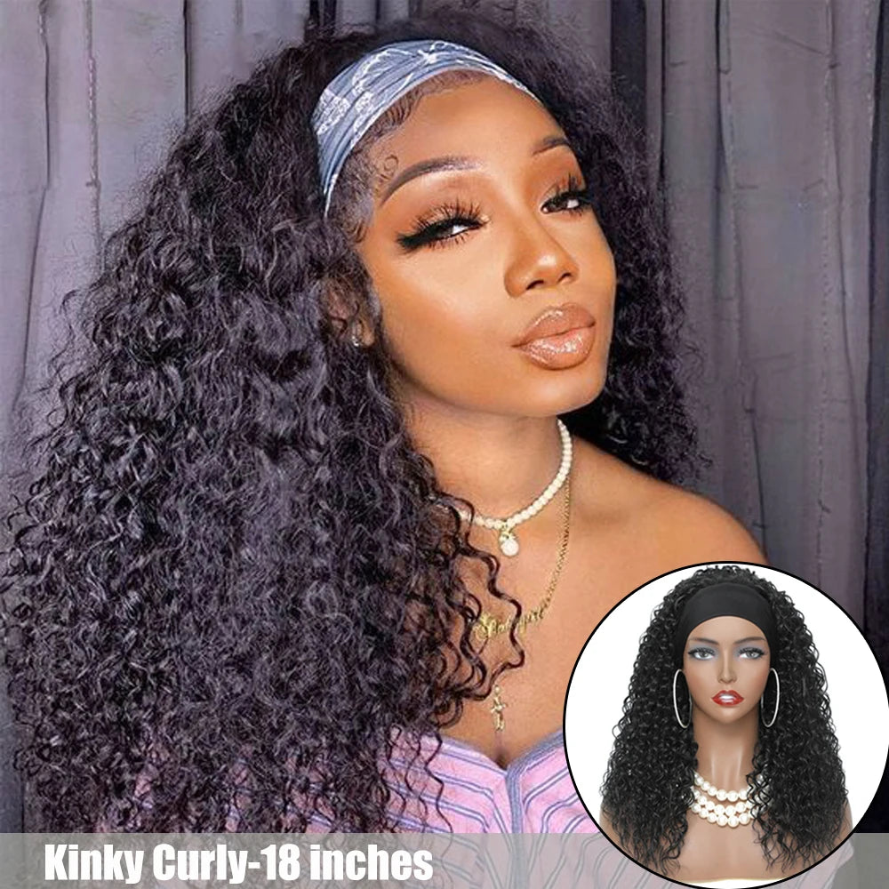 Blend Hair Headband Wig Color Machine Hair Wigs Mixed for Black Jerry Curly Women Medium Length 18" Black Short Kinky Curly MegaBDM