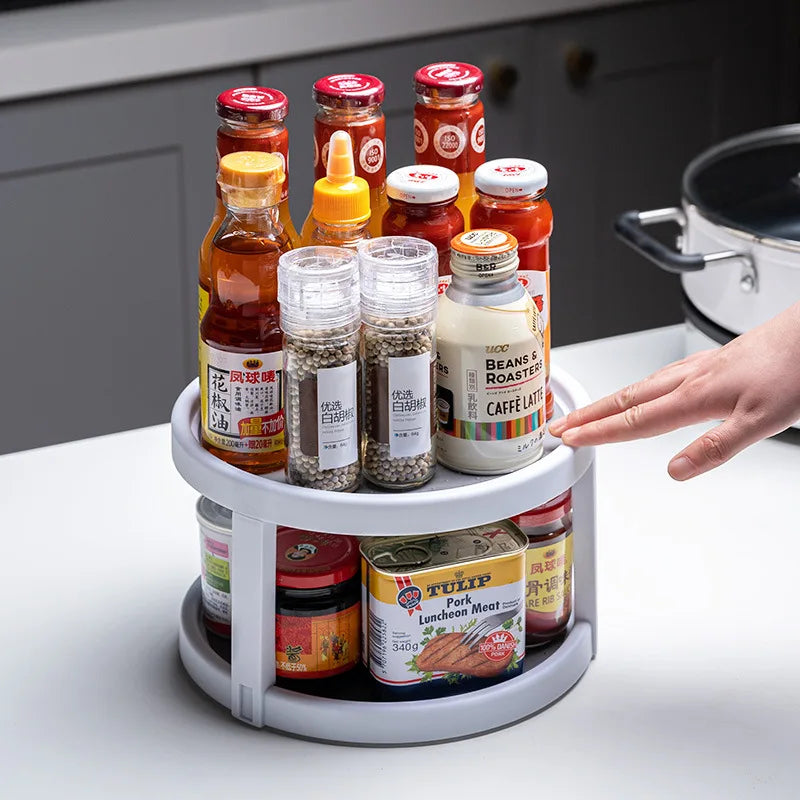 2-Tier Lazy Susan Turntable Non-Skid Tiered Rotating Kitchen Spice Storage Organizer Rack for Cabinet Pantry Bathroom Countertop