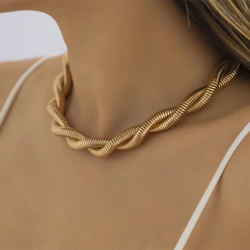 Custom Jewelry 18K Gold Plated Stainless Steel Snake Chain Twisted Choker Chunky Chain Necklace for Women