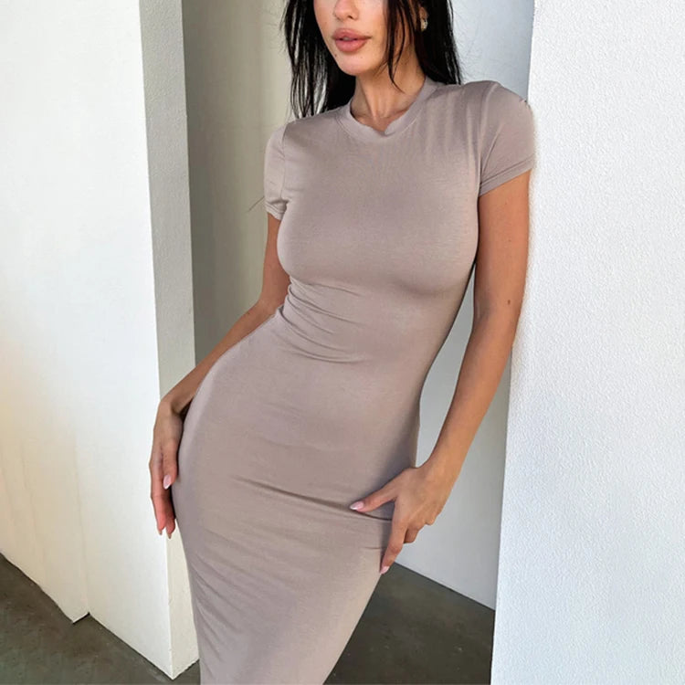 Custom Women Sexy Party Crew Neck Long Evening Gown Dress 2026 Summer Ladies Solid Maxi Dresses