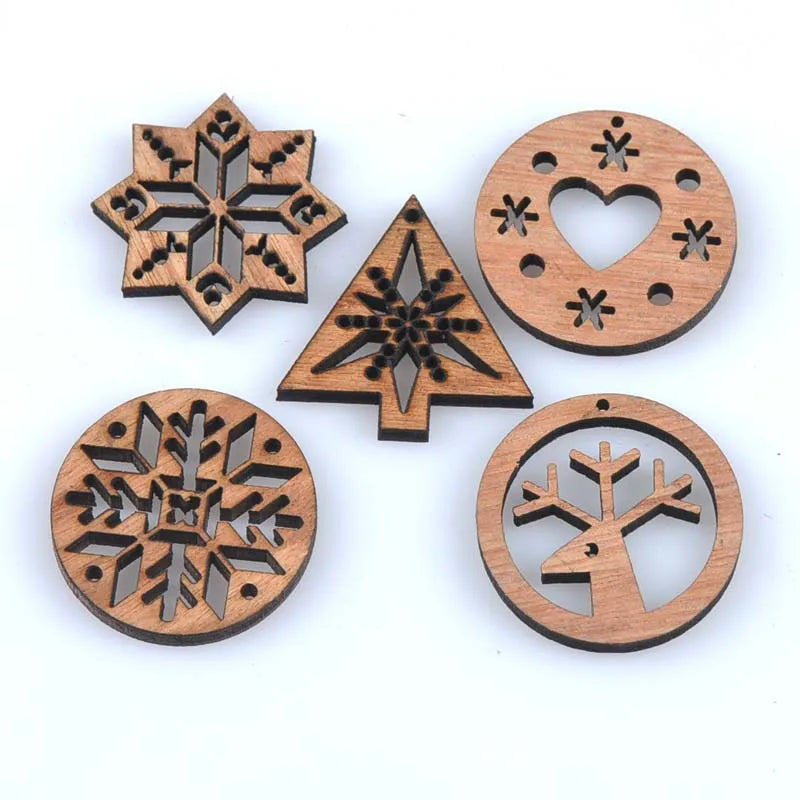 Hot Sale Retro Round Wood Christmas Tree Ornaments 30mm Wooden Christmas Decorations Laser Cut Wood Hanging Snowflakes Elk