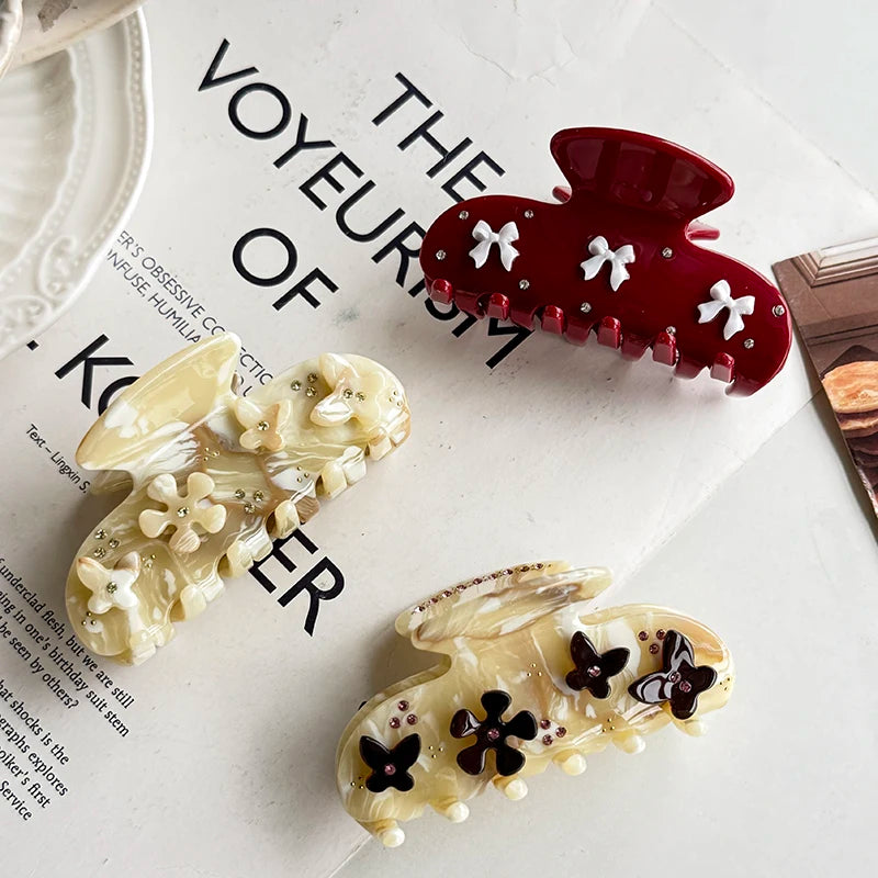 ZiTeng New Acetate Hair Clip Sweet Fresh Japanese Style Bowknot Full Diamond Cute Hair Claw Shark Clip Hair Accessory