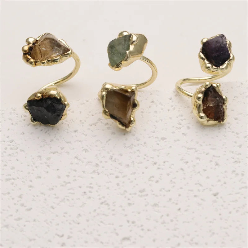Handmade Gold Double Stone Ring Fluorite and Amethyst Citrine Irregular Design Open Adjustable Fashion Jewelry