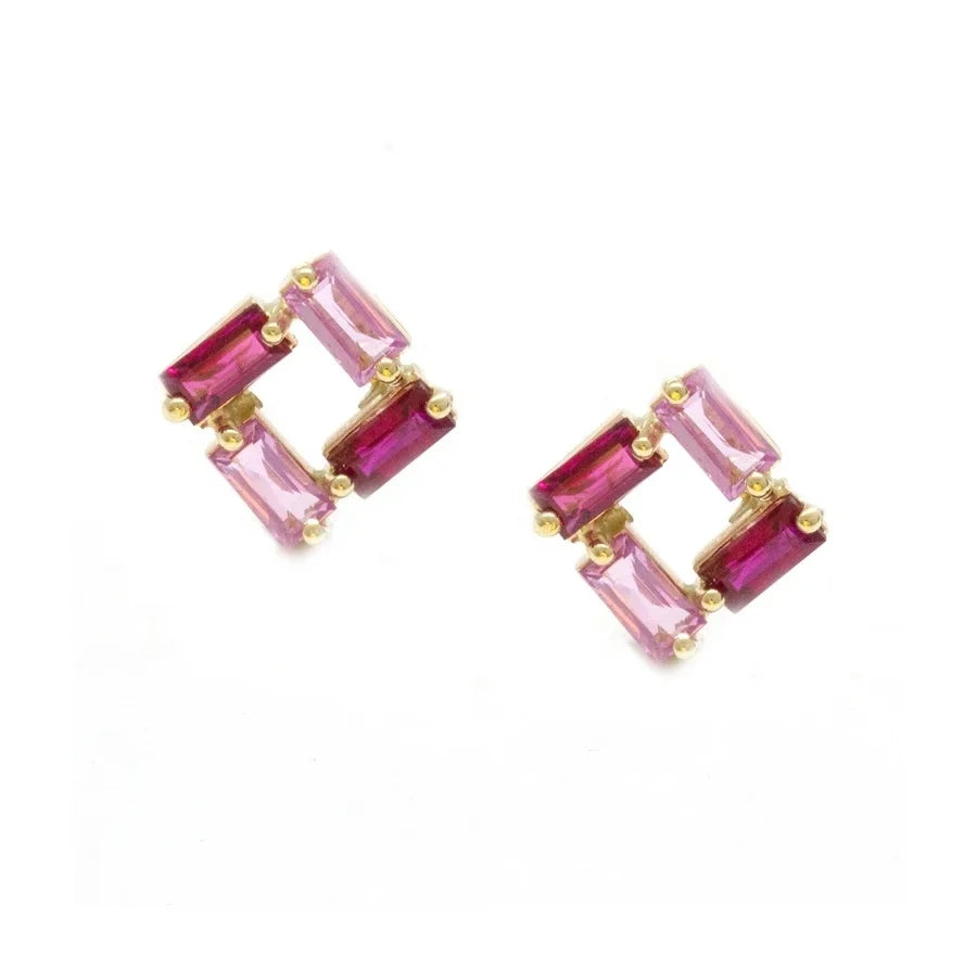LOZRUNVE 925 Sterling Silver Fancy Pink Baguette Stud Earrings for Girls Women Jewelry