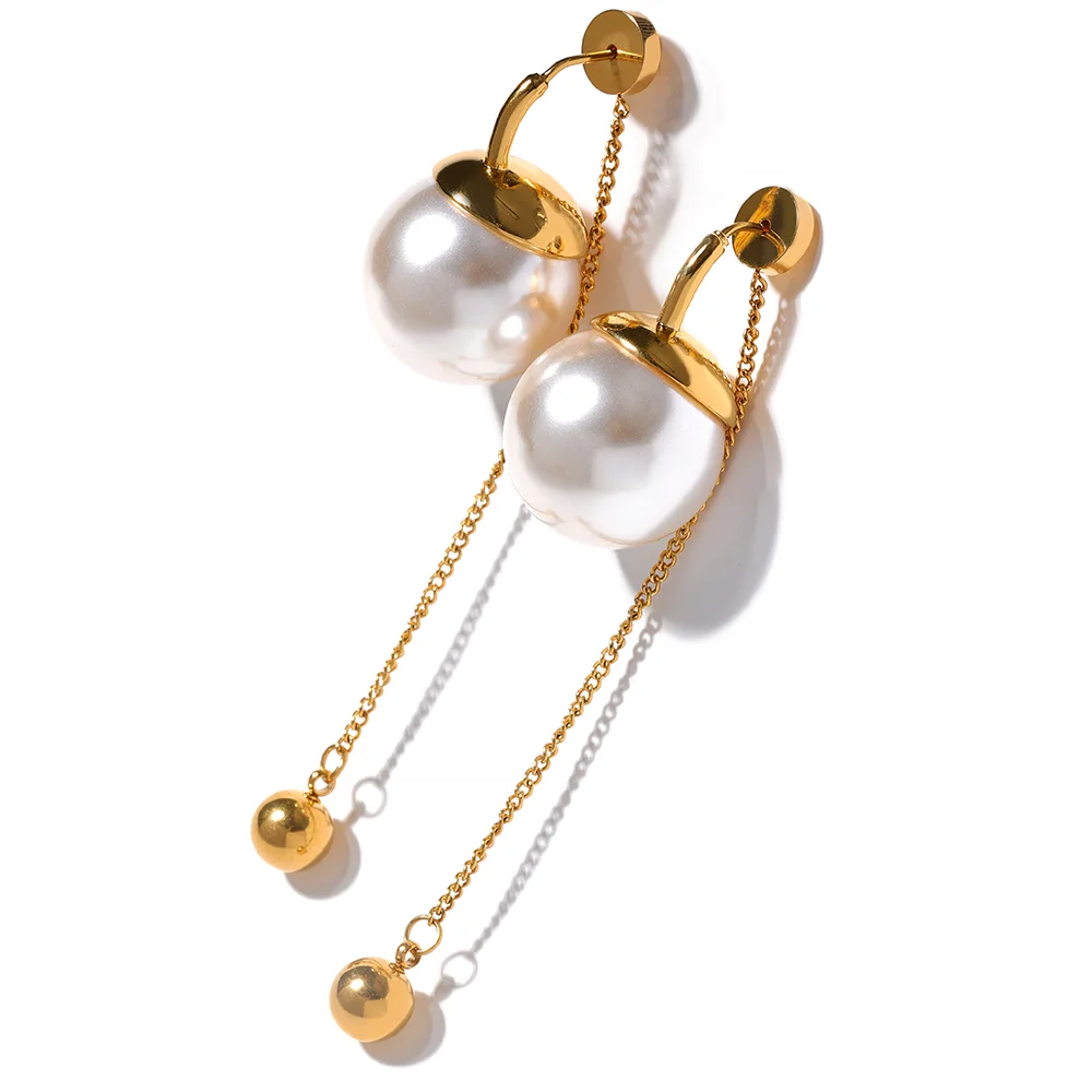 JINYOU 213 Korean Artificial Pearls Chain Long Drop Stainless Steel Earrings Temperament Geometric Fashion Chic Party Jewelry