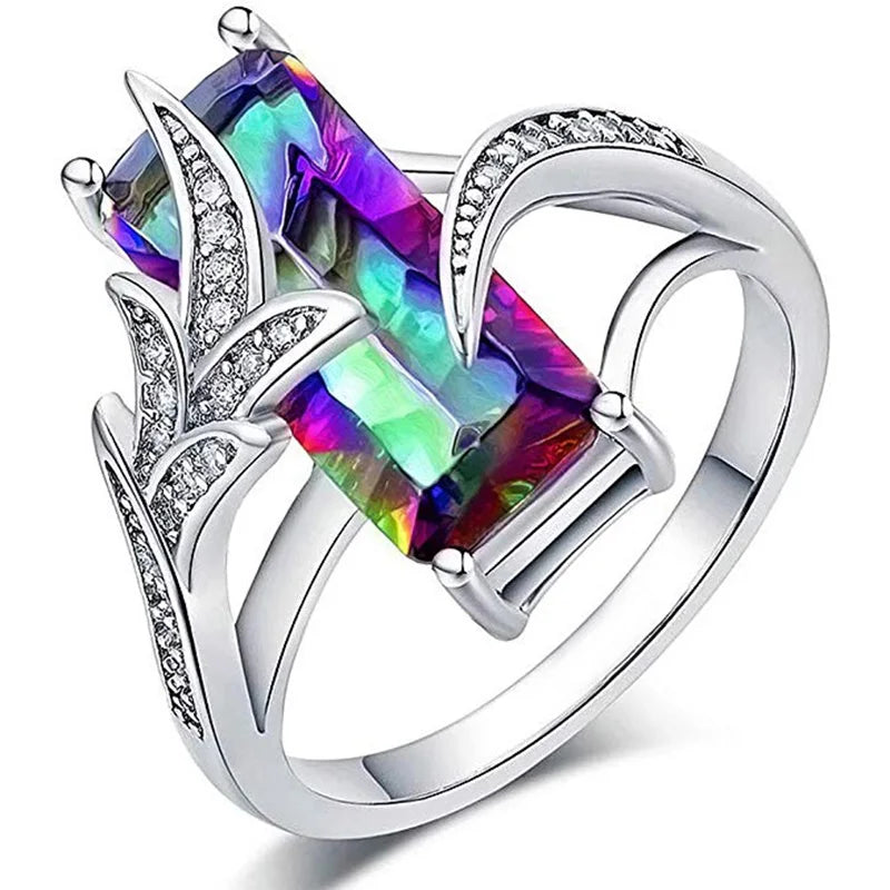Huitan Big Dainty Rectangle Pure Green Gemstone Leaf Anillos Lady Girls Emerald Colorful Zircon Fashion Silver Women Rings