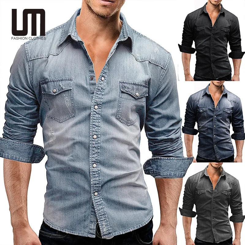 OEM ODM Autumn Vintage Men's Long Sleeve Casual Cotton Denim Shirts Popular Tops with Yarn Dyed Technics