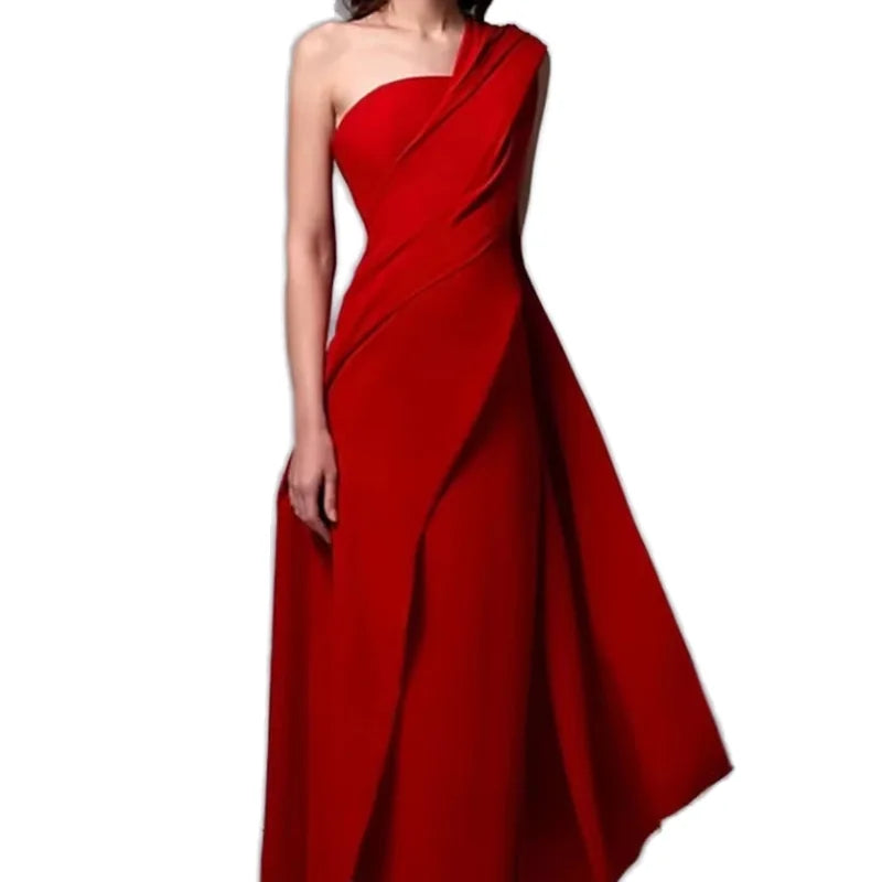 Custom Wrapped Shoulders Ruffle Edges Solid Color Temperament Commuting Long Evening Dress One Shoulder Casual Club Dress