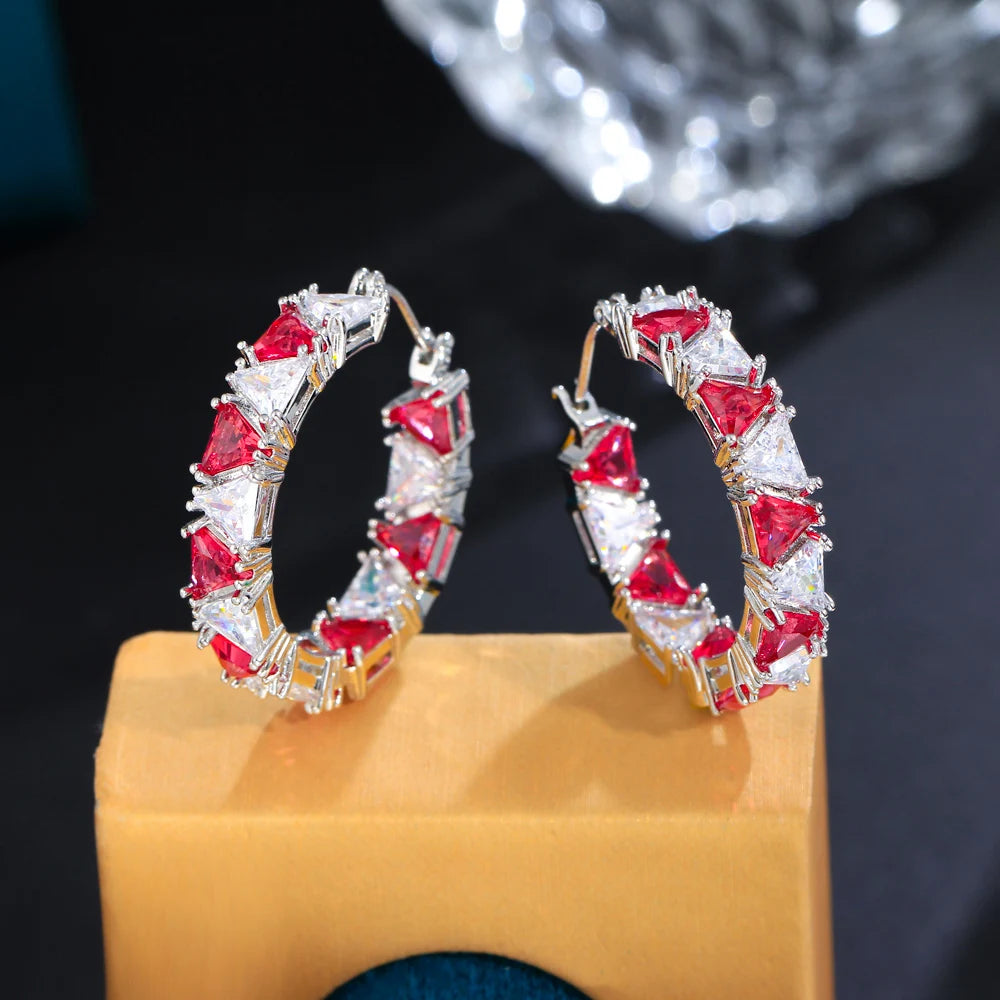 Top Sparkling Triangle Red Cubic Zirconia Crystal Paved Chic Double Sided Circle Round CZ Hoop Earrings for Women Jewelry