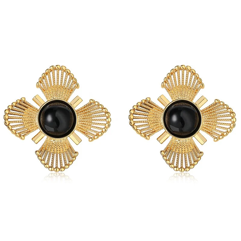 2024 New Premium Vintage Black Gold Medieval Flower Stud Earrings Women Jewellery Customized