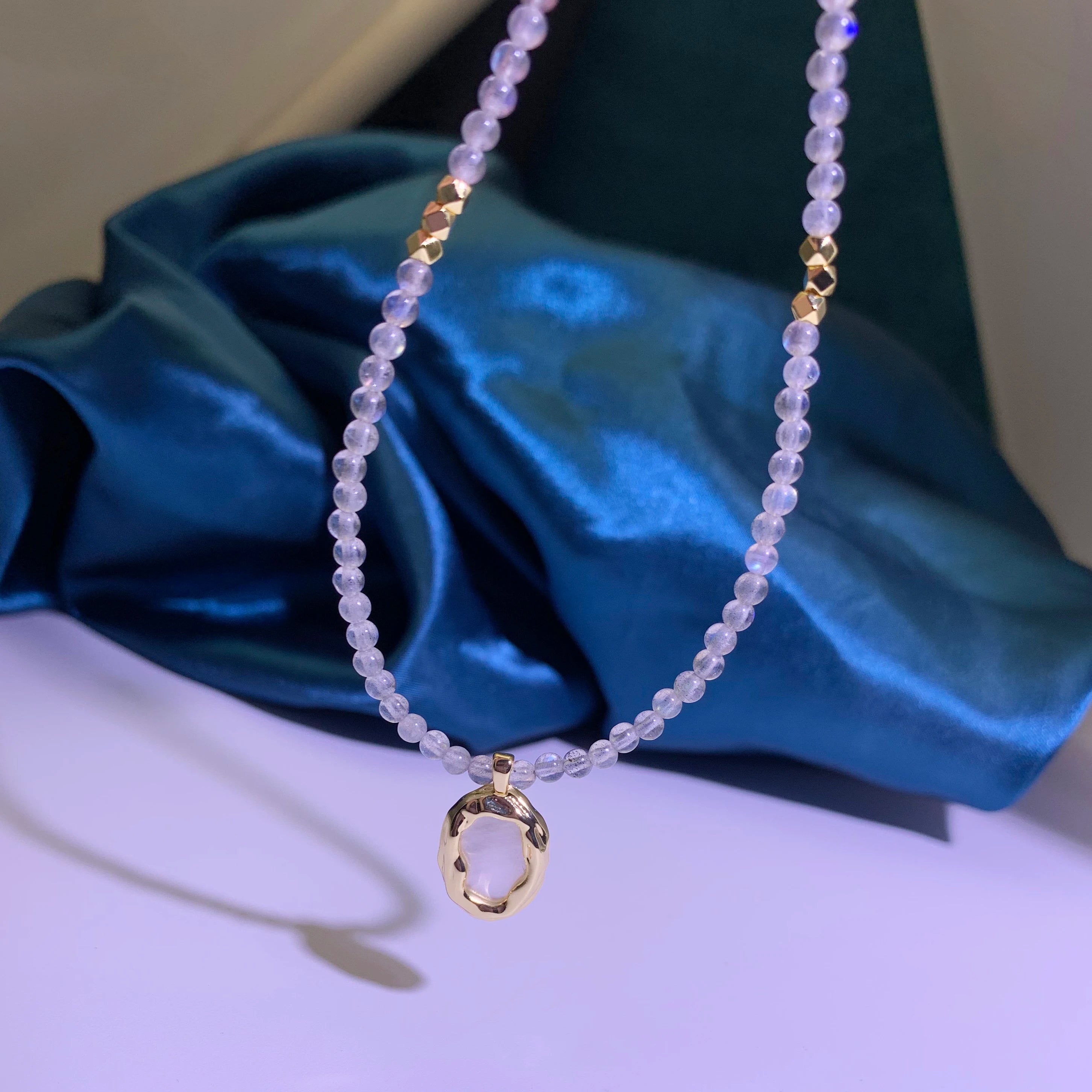 Women's Vintage Brass Metal Grey 3MM Beaded Necklace with Gold Plating Geometric Moon Labradorite Pendant for Parties or Gifts