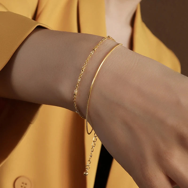 Designer Stainless Steel Layers Snake Chain Bracelet Non Tarnish Dainty 18k Gold Plated Satellite Chain Beach Bracelet for Women
