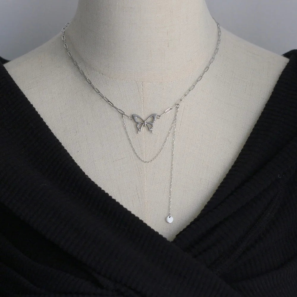 Non Tarnish Silver Hollow Out Butterfly Necklace Stainless Steel Disc Engrave Jewelry Paper Clip Tassels Long Chain Woman
