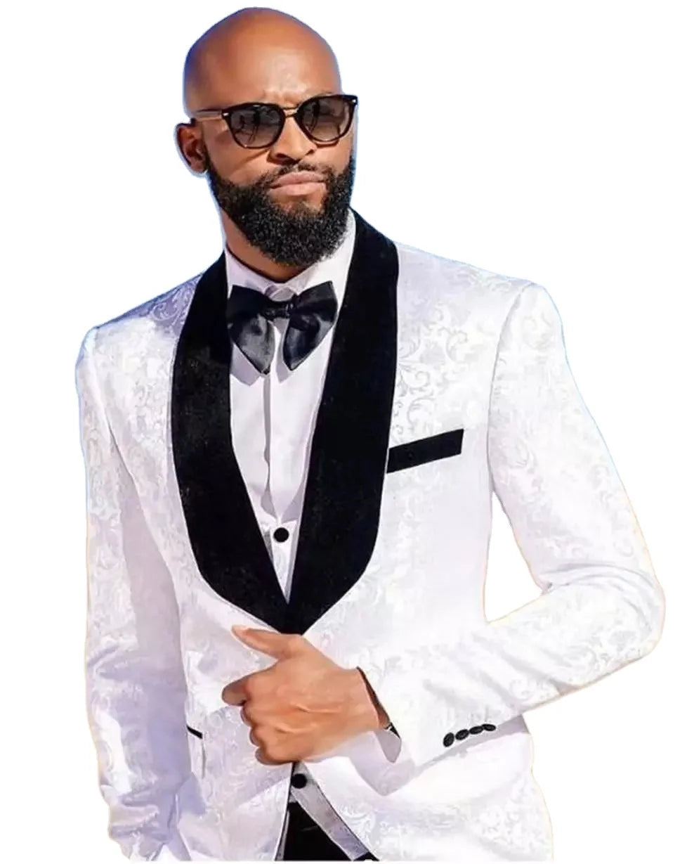 Costume Homme White Pattern Wedding Men Suits Groom Tuxedos Bridegroom Slim Fit Business Suits 3 Pcs Sets (Jacket+ Pant +Vest)