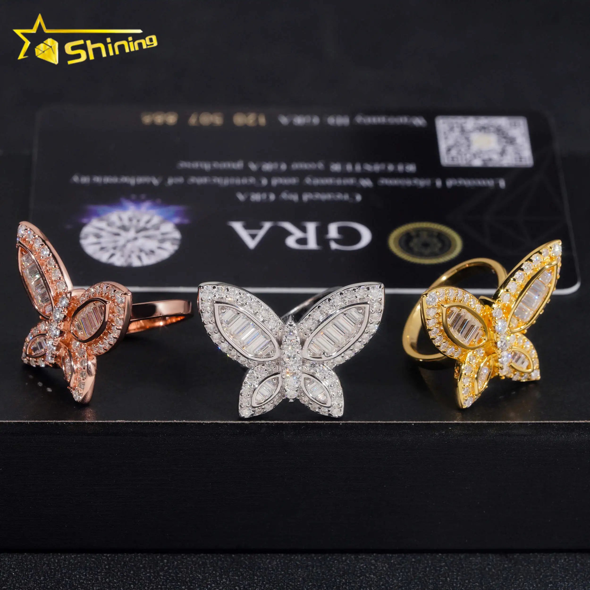 Fine Jewelry Fashion Luxury Custom Butterfly Hip Hop Baguette 925 Sterling Silver Moissanite Rings