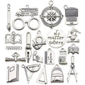 Mixed School Supplies Charms Antique Silver Zinc Alloy Graduation Cap Diploma Bus Laptop for Teacher Student Jewelry Making MegaBDM