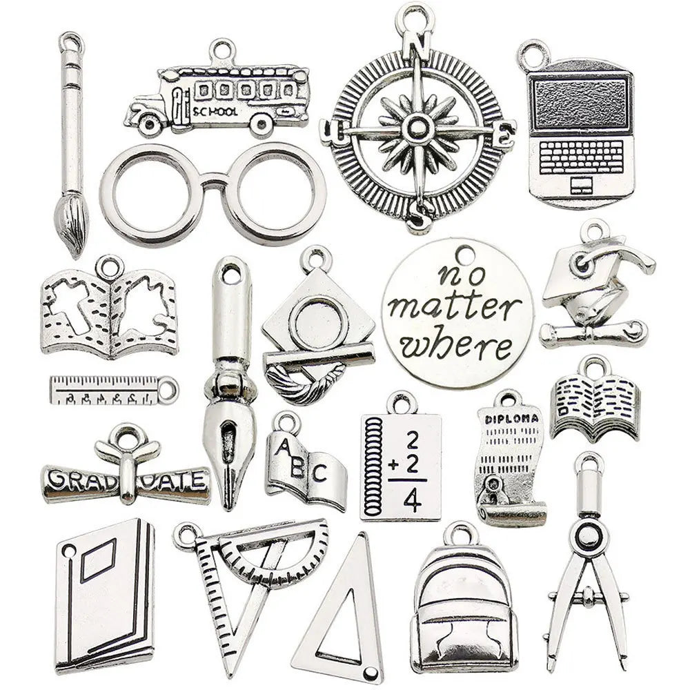 Mixed School Supplies Charms Antique Silver Zinc Alloy Graduation Cap Diploma Bus Laptop for Teacher Student Jewelry Making MegaBDM